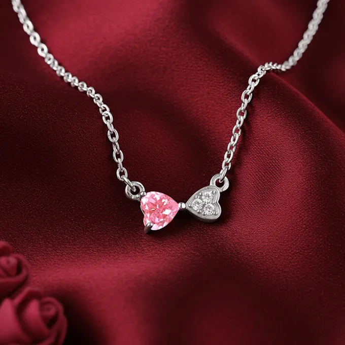 Silver Pink Glow Hearts Necklace