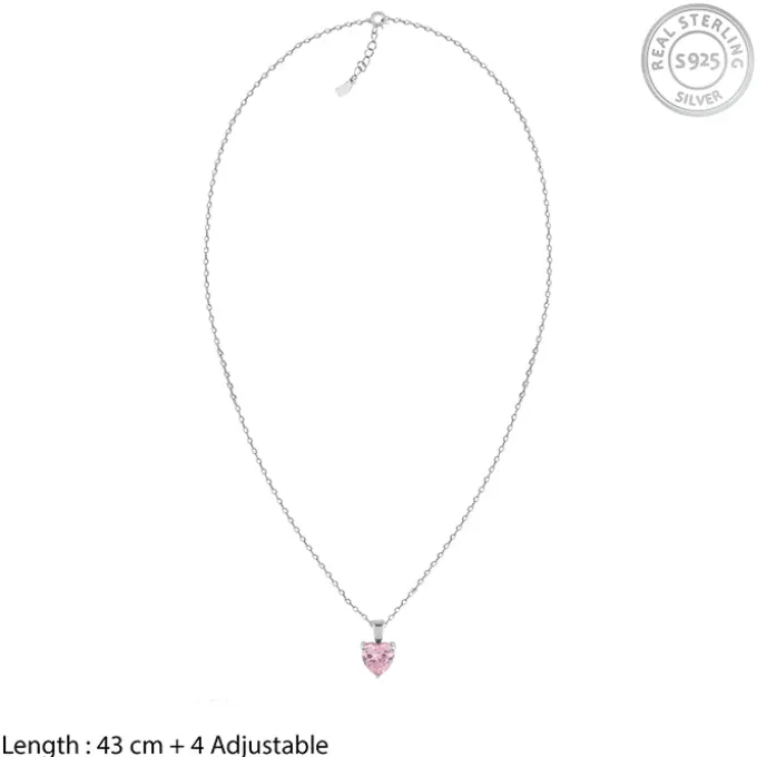 Silver Pink Heart Pendant with Link Chain