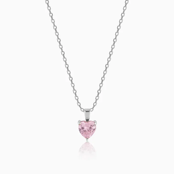 Silver Pink Heart Pendant with Link Chain