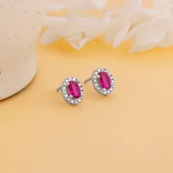 Silver Pink Oval Halo Studs