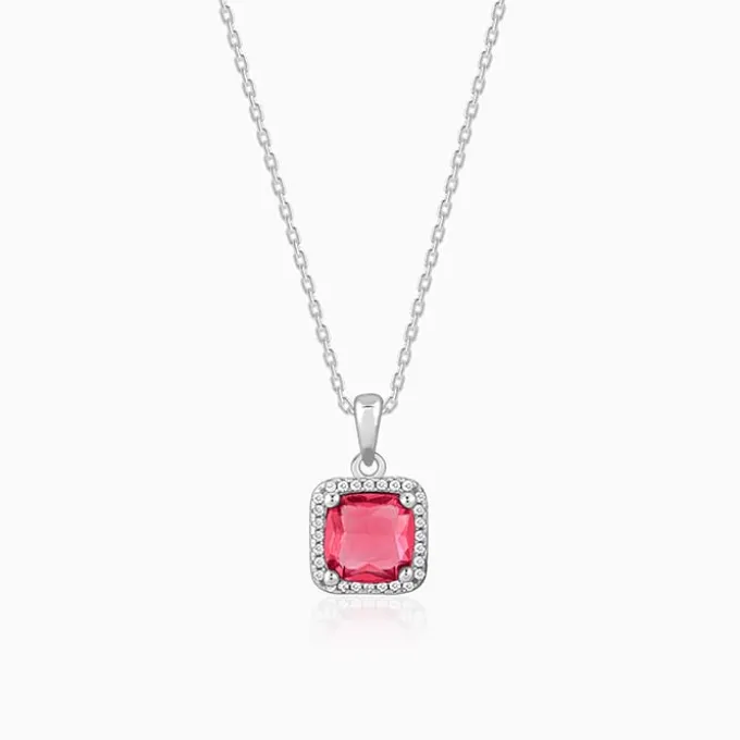 Silver Pink Square Pendant With Link Chain