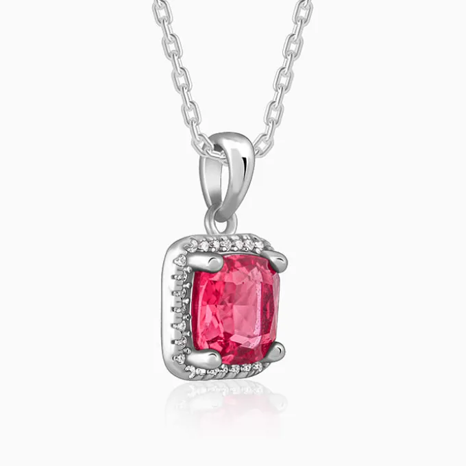 Silver Pink Square Pendant With Link Chain