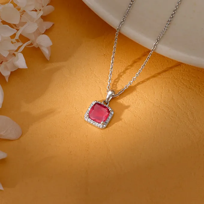 Silver Pink Square Pendant With Link Chain