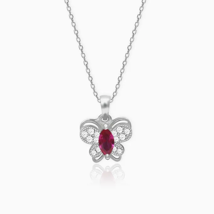 Silver Pop Pink Studded Butterfly Pendant With Link Chain