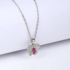 Silver Pop Pink Studded Butterfly Pendant With Link Chain