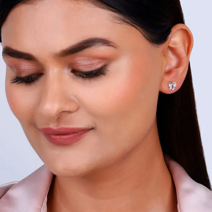 Silver Pop Pink Studded Butterfly Studs