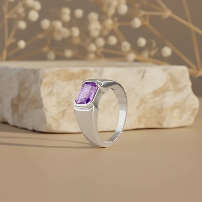 Silver Purple Crest Ring For Him