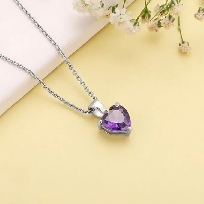 Silver Purple Heart Pendant with Link Chain