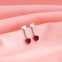 Silver Red Heart Dangler Earrings