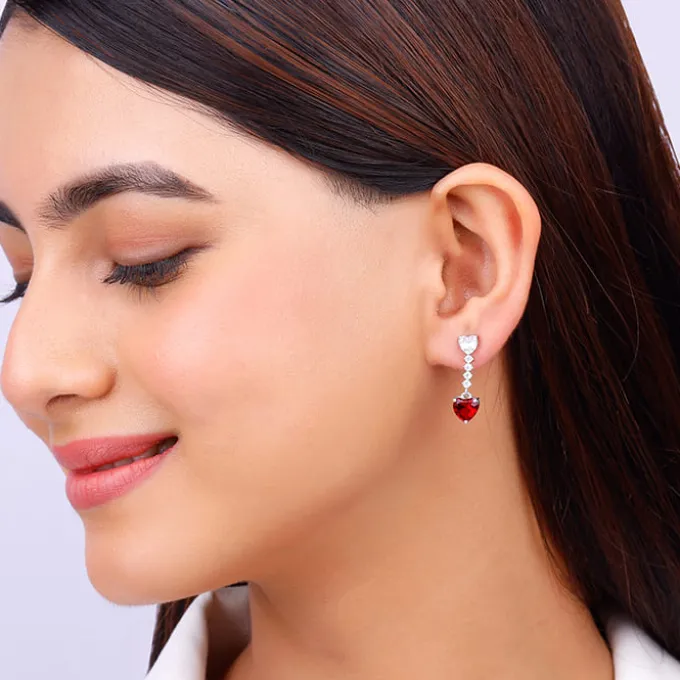 Silver Red Heart Dangler Earrings
