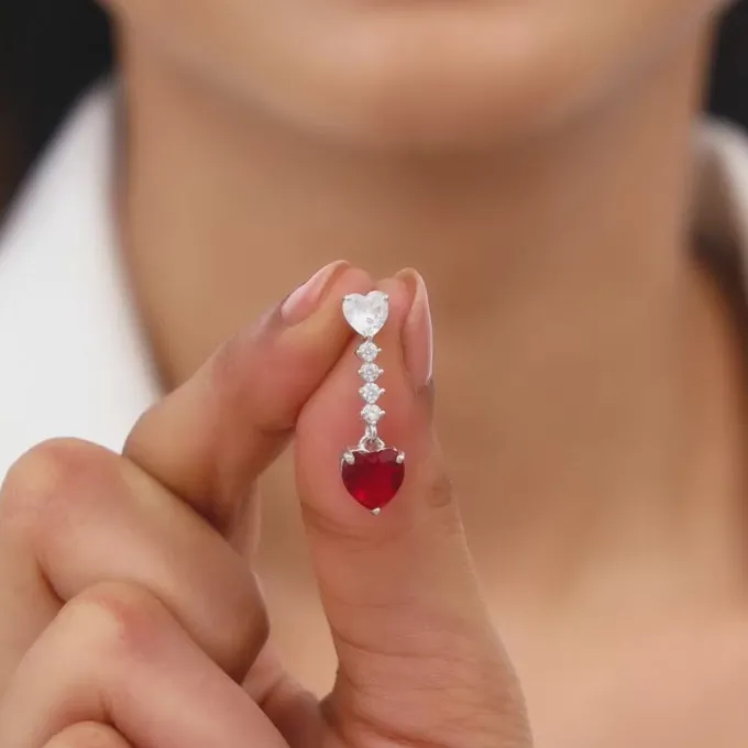 Silver Red Heart Dangler Earrings