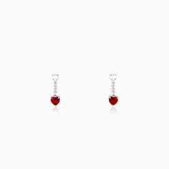Silver Red Heart Dangler Earrings
