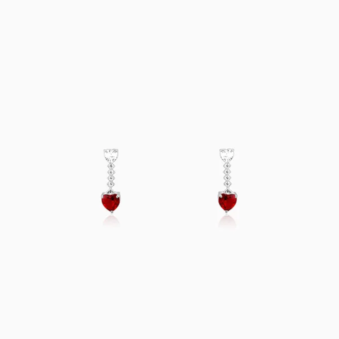 Silver Red Heart Dangler Earrings