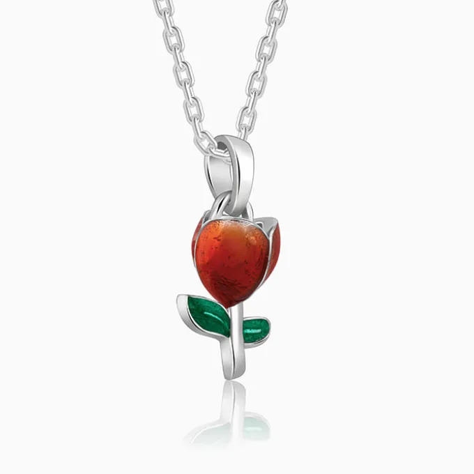 Silver Red Roses Pendant With Link Chain