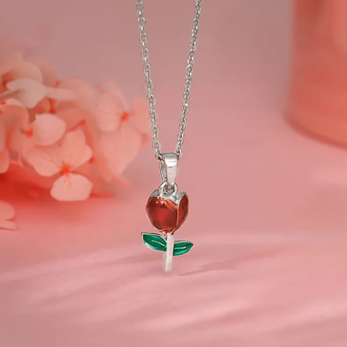Silver Red Roses Pendant With Link Chain