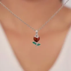 Silver Red Roses Pendant With Link Chain