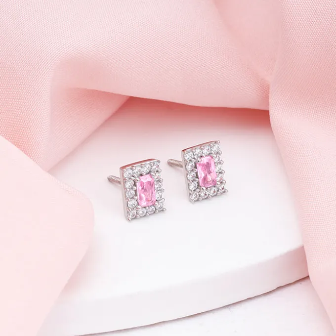 Silver Regal Pink Stud Earrings