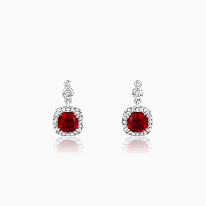 Silver Ruby Red Halo Earrings
