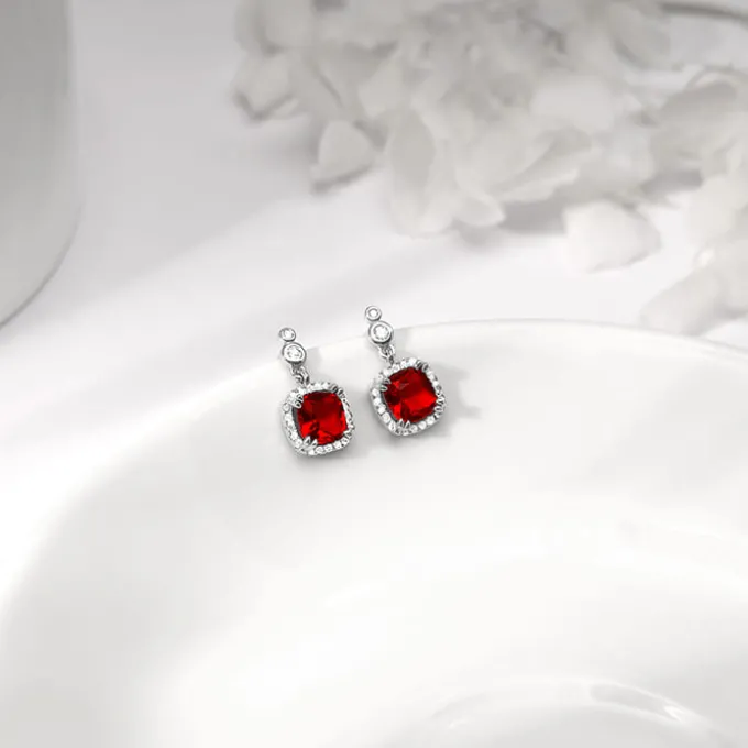 Silver Ruby Red Halo Earrings