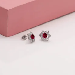 Silver Ruby Red Star Earrings
