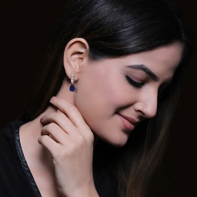 Silver Sapphire Blue Drop Earrings