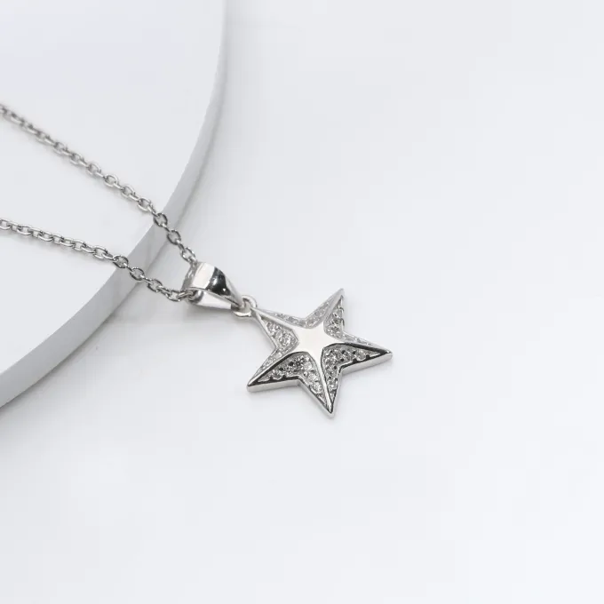 Silver Shining Star Pendant with Link Chain