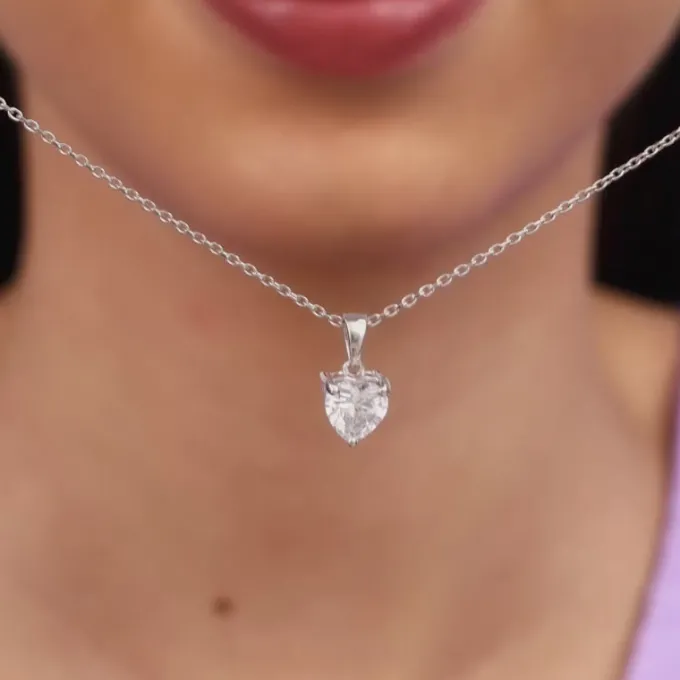 Silver Solitaire Heart Pendant with Link Chain