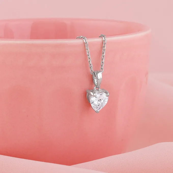 Silver Solitaire Heart Pendant with Link Chain