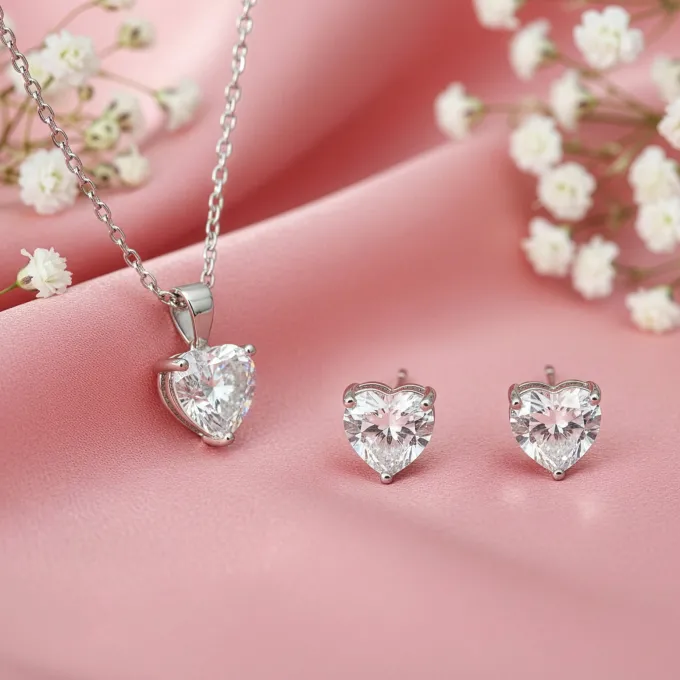 Silver Solitaire Heart Set with Link Chain