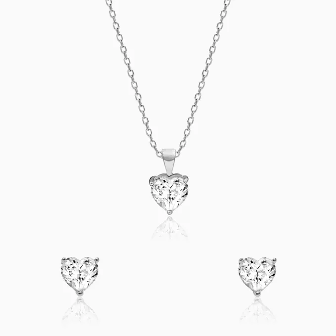 Silver Solitaire Heart Set with Link Chain