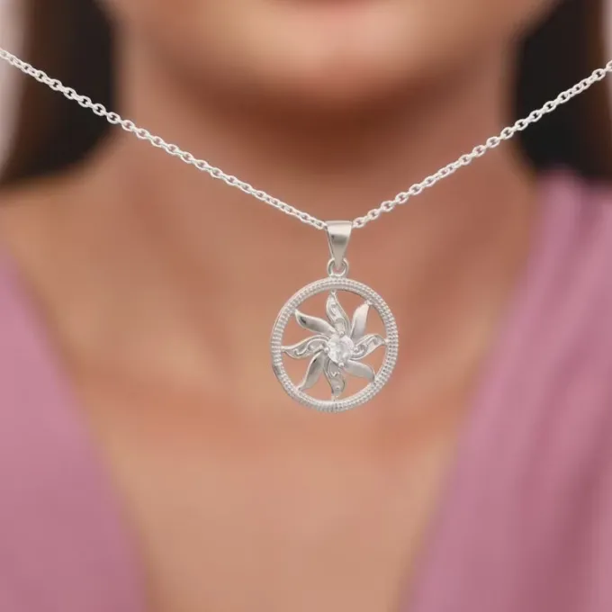 Silver Sun Flares Pendant With Link Chain