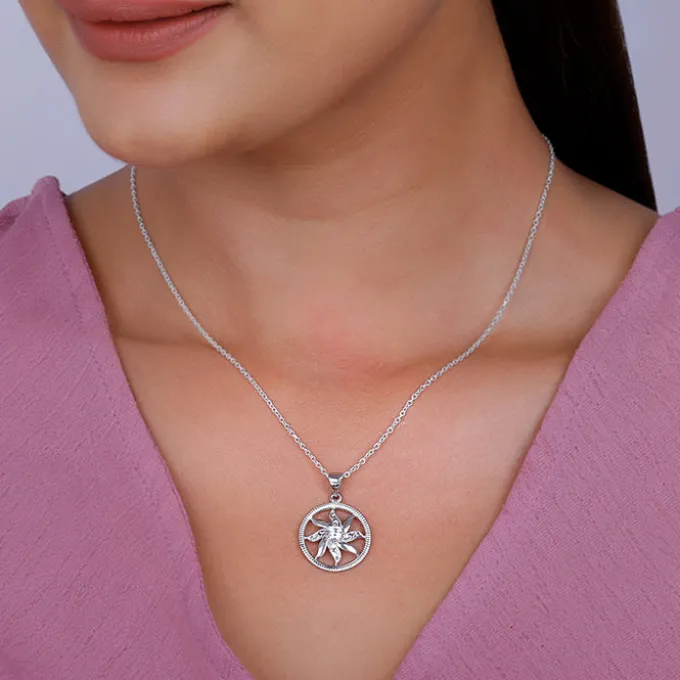 Silver Sun Flares Pendant With Link Chain