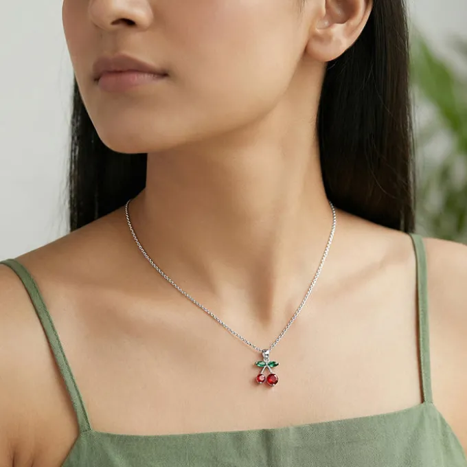 Silver Sweet Cherry Pendant With Link Chain