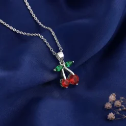 Silver Sweet Cherry Pendant With Link Chain