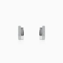 Silver Texture Pave Bar Stud Earrings