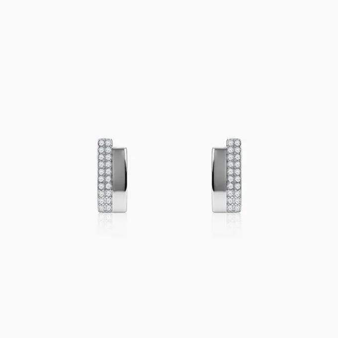 Silver Texture Pave Bar Stud Earrings