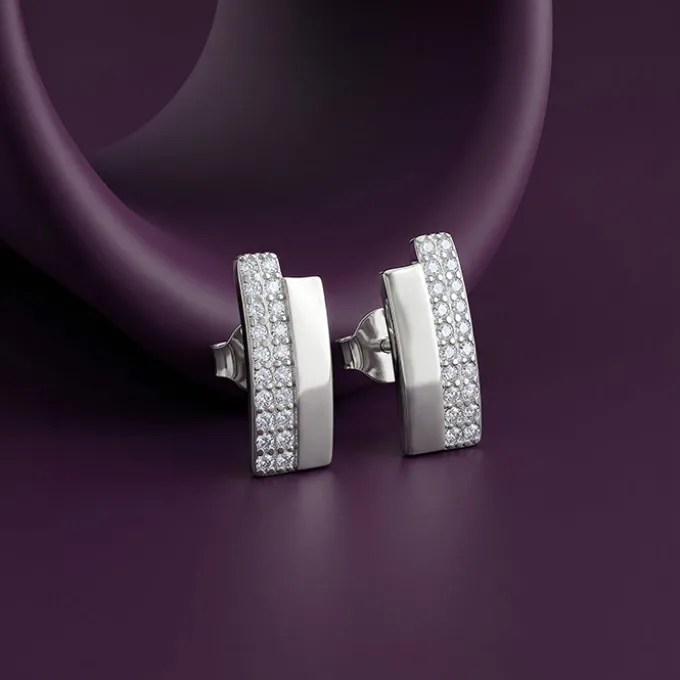 Silver Texture Pave Bar Stud Earrings