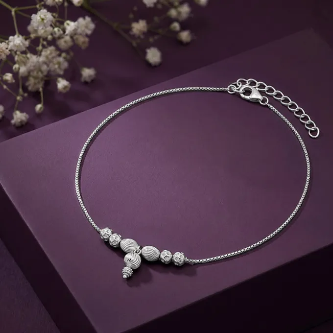 Silver Textured Bead Drop Anklet