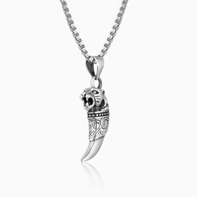 Silver Tiger Tooth Pendant with Link Chain For Him