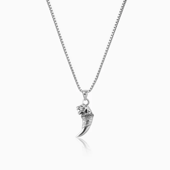 Silver Tiger Tooth Pendant with Link Chain For Him