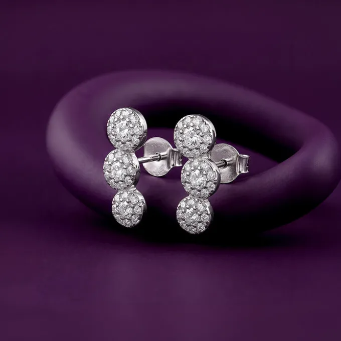 Silver Triple Orb Pave Earrings