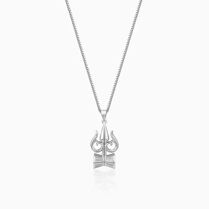 Silver Trishul And Damru Pendant With Box Chain For Him
