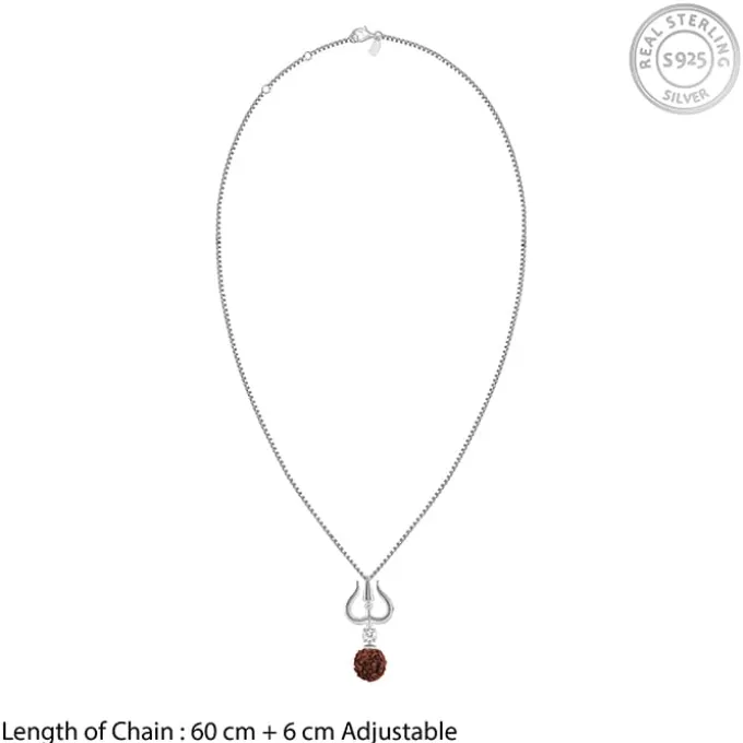 Silver Trishul And Rudraksha Pendant With Box Chain for Him