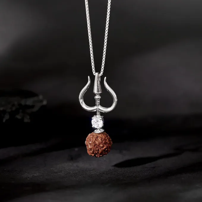 Silver Trishul And Rudraksha Pendant With Box Chain for Him