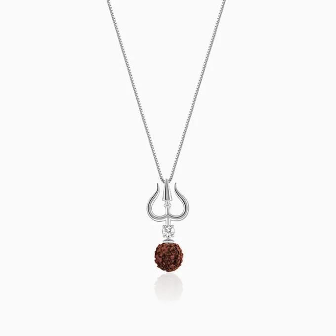 Silver Trishul And Rudraksha Pendant With Box Chain for Him