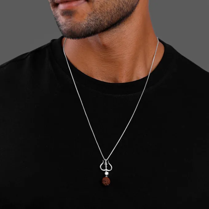 Silver Trishul And Rudraksha Pendant With Box Chain for Him