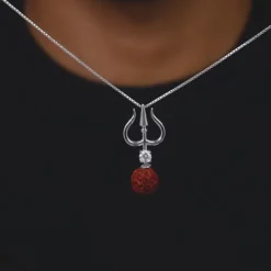 Silver Trishul And Rudraksha Pendant With Box Chain for Him