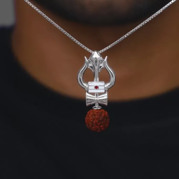 Silver Trishul Rudraksha Pendant With Box Chain For Him