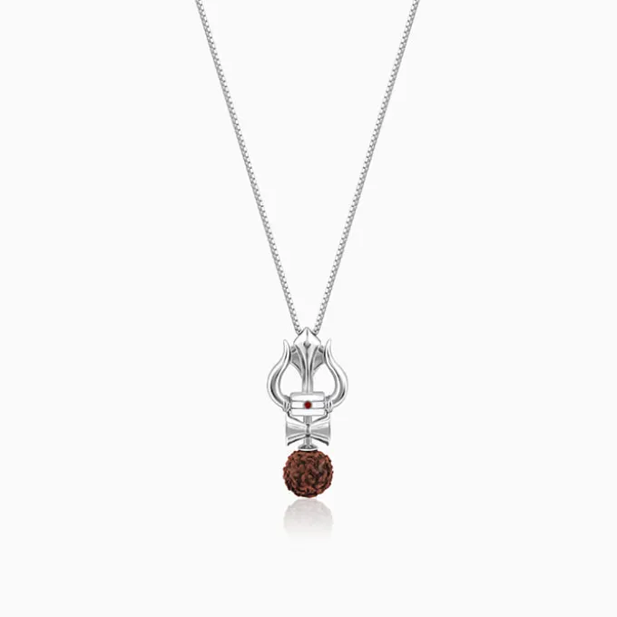Silver Trishul Rudraksha Pendant With Box Chain For Him