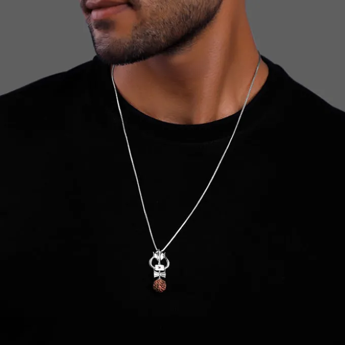 Silver Trishul Rudraksha Pendant With Box Chain For Him